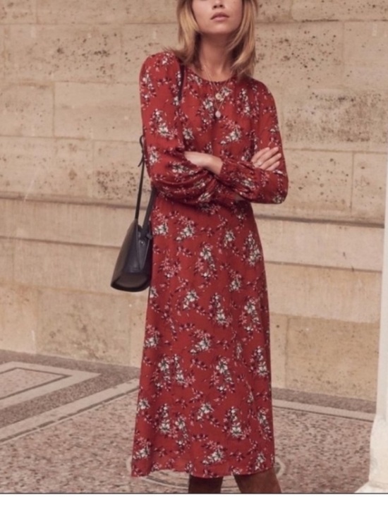 Sezane Dresses & Skirts - Sezane Rust-Red Floral Long Sleeve Midi Dress